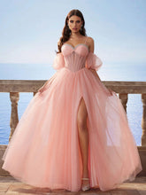 Gorgeous Elegant Noble & Cute Puff Sleeve Corset High Slit Maxi Dress, Netted Bead Embellished Bridesmaid/Sisters' Evening Gown For Wedding Season